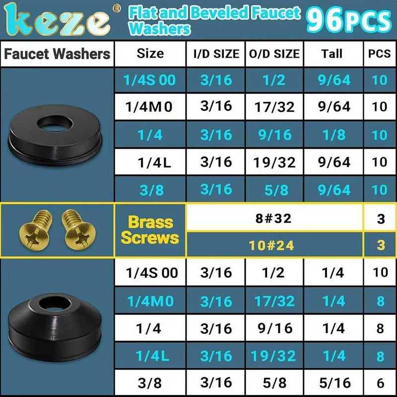 Keze 96 PCS 10 Size Faucet Washers Assorted Kit with Brass Bibb Screws Assortment Flat and Beveled Rubber Washer for DIY Outdoor Faucets Stem Leak Worn Out Seal Repair - Image 2